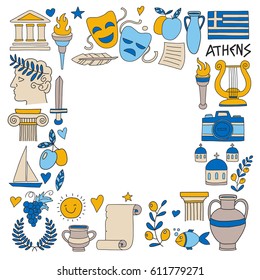 Ancient Greece Vector elements in doodle style Travel, history, music, food, wine
