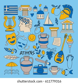 Ancient Greece Vector elements in doodle style Travel, history, music, food, wine
