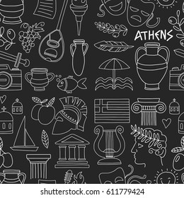 Ancient Greece Vector elements in doodle style Travel, history, music, food, wine