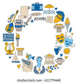 Ancient Greece Vector elements in doodle style Travel, history, music, food, wine