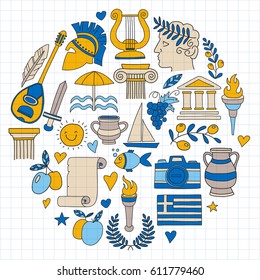 Ancient Greece Vector elements in doodle style Travel, history, music, food, wine