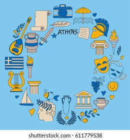 Ancient Greece Vector elements in doodle style Travel, history, music, food, wine