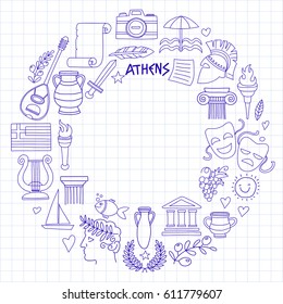 Ancient Greece Vector elements in doodle style Travel, history, music, food, wine