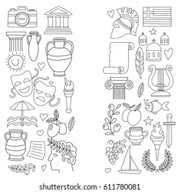 Ancient Greece Vector elements in doodle style for coloring pages Travel, history, music, food, wine