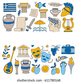 Ancient Greece Vector elements in doodle style Travel, history, music, food, wine