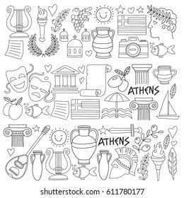 Ancient Greece Vector Elements In Doodle Style For Coloring Pages Travel, History, Music, Food, Wine