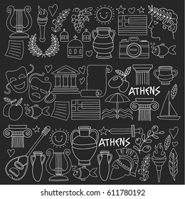 Ancient Greece Vector elements in doodle style Travel, history, music, food, wine