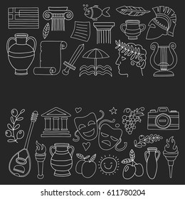 Ancient Greece Vector elements in doodle style Travel, history, music, food, wine