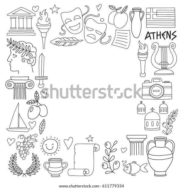 Ancient Greece Vector Elements Doodle Style Stock Vector