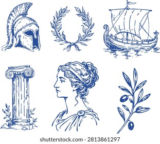 Ancient Greece Vector Set with Spartan Helmet, Laurel Wreath, Greek Ship, Column, Olive Branch and Classical Portrait