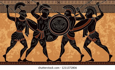 Ancient greece warrior.Black figure pottery.Ancient greek scene banner.Hero,spartan,myth.Ancient civilization culture.
