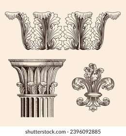 Ancient Greek acanthus leaf ornament and column capital in Corinthian style. Classic antique ornament.