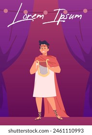 Actor griego antiguo con lira. Ilustración vectorial de un intérprete con atuendo tradicional griego, sosteniendo una lira en un escenario teatral con un dramático telón de fondo morado.