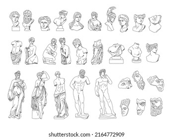 Ancient Greek aesthetics  greece statues goddess   nymph  vector black white outline antique sculptures man   woman  hand drawn people bodies isolated clip art bundle