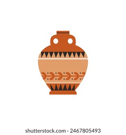 An ancient Greek amphora with an elegant design captured in a vector illustration. Brown antique ceramic vessel in a round shape with decorative elements, ideal for use as an isolated logo or decal.