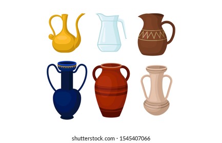 Ancient Greek Amphoric Vases Vector Isolated On White Background Set