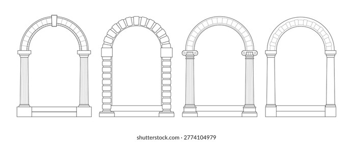 Ancient Greek arch with classic pillars, vector line art illustrations isolated on white background. Vintage sketch frame design with roman columns for logo, posters. Vintage antique archway