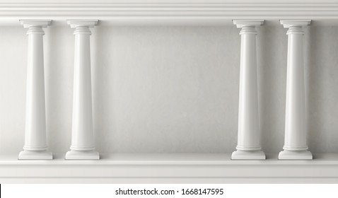 Ancient greek architecture with pillars. Vector realistic antique building with white marble wall and column with capital in doric style. Background with roman temple frame, classic palace arch