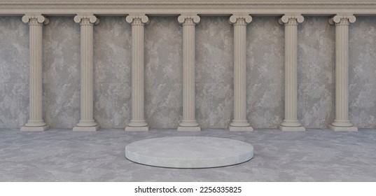 Ancient greek architecture with pillars. Vector realistic antique building with white marble wall and column with capital in jonic style. Background with roman temple svg