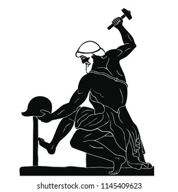 Ancient Greek Artisan Smith With A Hammer And Helmet In His Hands. Isolated Black Drawing On A White Background.