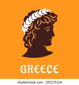 Ancient greek athlete head  silhouette with winner olive wreath on yellow background with caption Greece