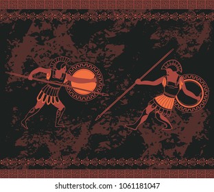 Ancient greek background with fighting people and ornament. Traditional ethnic design. Vintage vector illustration 