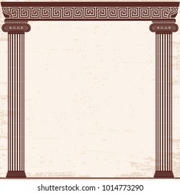 Ancient Greek background with four columns and a national ornament. Old beige papyrus with the aging effect.