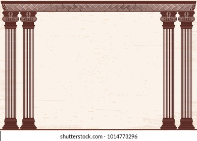 Ancient Greek background with four columns and a national ornament. Old beige papyrus with the aging effect.