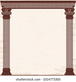 Ancianos antecedentes griegos con cuatro columnas y un adorno nacional. Virus beige antiguo con efecto de envejecimiento.