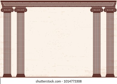 Ancient Greek background with four columns and a national ornament. Old beige papyrus with the aging effect.