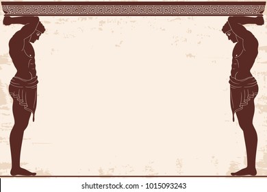 Ancient Greek background with two Atlant and a national ornament. Old beige papyrus with the aging effect.