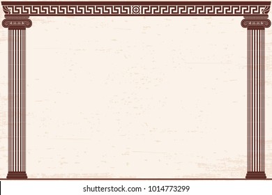 Ancient Greek background with two columns and a national ornament. Old beige papyrus with the aging effect.