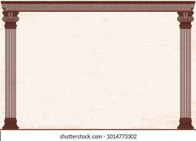 Ancient Greek background with two columns and a national ornament. Old beige papyrus with the aging effect.
