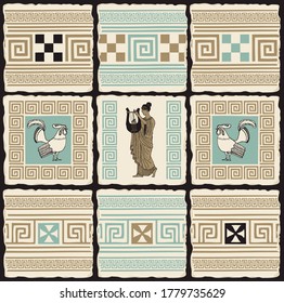 Ancient Greek banner in the form of a set of stone, clay or ceramic tiles. Vector illustrations with Greek ornaments, roosters and an ancient Greek musician with a lyre