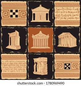 Ancient Greek banner in the form of a set of stone, clay or ceramic tiles. Vector illustrations with Greek ornaments, illegible Greek script and famous architectural landmarks of ancient Greece