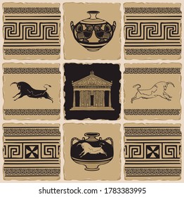 Ancient Greek banner in the form of a set of stone, clay or ceramic tiles. Vector illustrations with Greek ornaments, Cretan bulls, amphorae and the facade of the Parthenon in retro style.