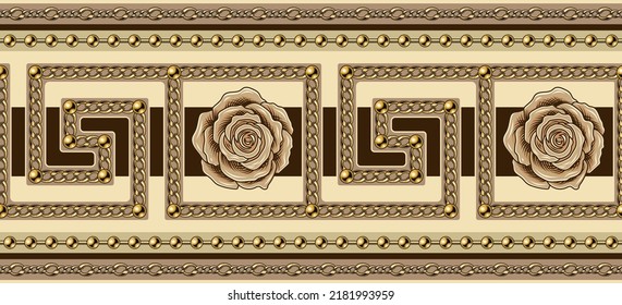 Ancient greek borders with gold chains, beige roses, beads. Greek roman meander seamless border. Horizontal stripes.