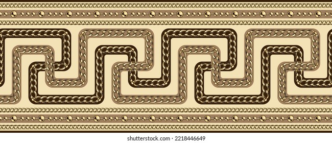 Ancient greek borders with gold chains, beads. Greek roman meander seamless border. Horizontal illustraion