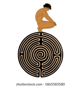 Ancient Greek boy sitting on round spiral maze or labyrinth. Creative concept.