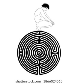 Ancient Greek boy sitting on round spiral maze or labyrinth. Creative concept. Black and white silhouette.