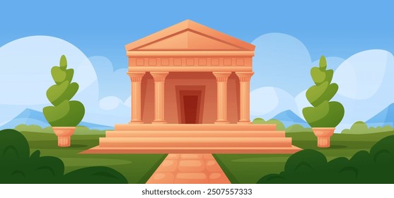 Ancient greek building. Old temple of god and goddess with columns. Panoramic view with architecture building, trees and mountains, nowaday vector scene