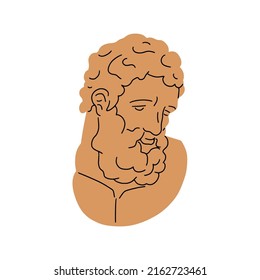 Ancient Greek bust of bearded face. Old sculpture of antique Greece. Vintage philosopher head statue drawn in contemporary trendy style. Flat vector illustration isolated on white background