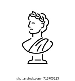 Ancient Greek bust sculpture with laurel wreath. Young man head in profile, classic statue logo or icon. Simple modern vector illustration.