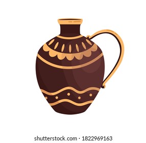 Ancient greek ceramic jar decorated by Hellenic ornaments vector flat illustration. Clay amphora with handle and design elements isolated on white. Traditional antique Greece pottery dishware