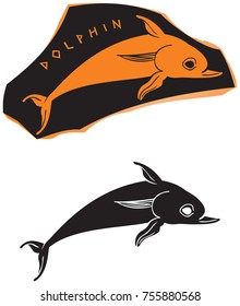 Ancient Greek ceramic style dolphin icon, red figure vase painting series vector design element