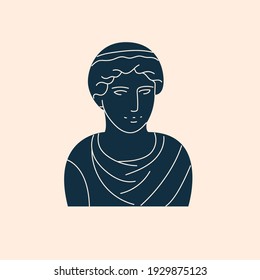 Ancient greek character sculpture flat cartoon illustration. Antique trendy old Greece head banner design. Museum statue, historical sign printing card
