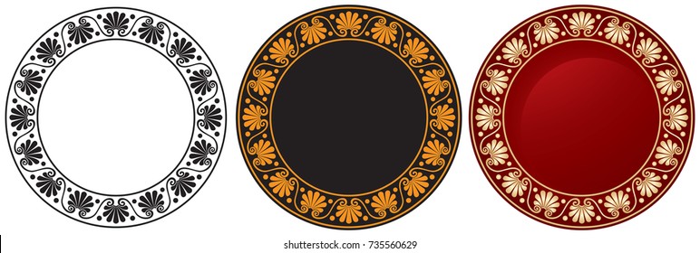 Ancient Greek circle ornament, circular vector ornament in black and white, red figure vase painting ceramic and golden metal color