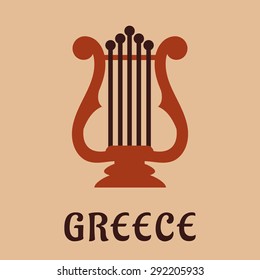 Ancient greek classic lyre icon in flat style showing musical string instrument with caption Greece below