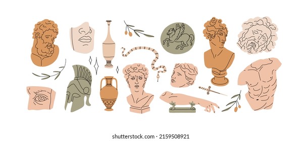 Ancient Greek classic statues and sculptures set, drawn in modern trendy style. Antique art design elements, busts and torsos of Greece. Flat graphic vector illustrations isolated on white background