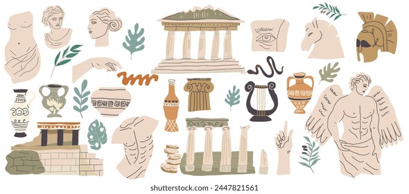 Ancient Greek classic statues and sculptures set, drawn in modern trendy style. Antique art design elements, busts and torsos of Greece. Flat graphic vector illustrations isolated on white background
